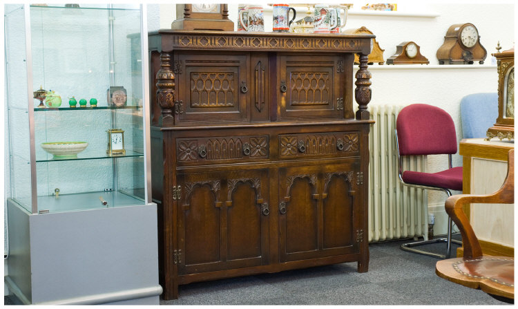 Appraisal: thC Oak Court Cupboard Two Door Cupboard Space Turned And