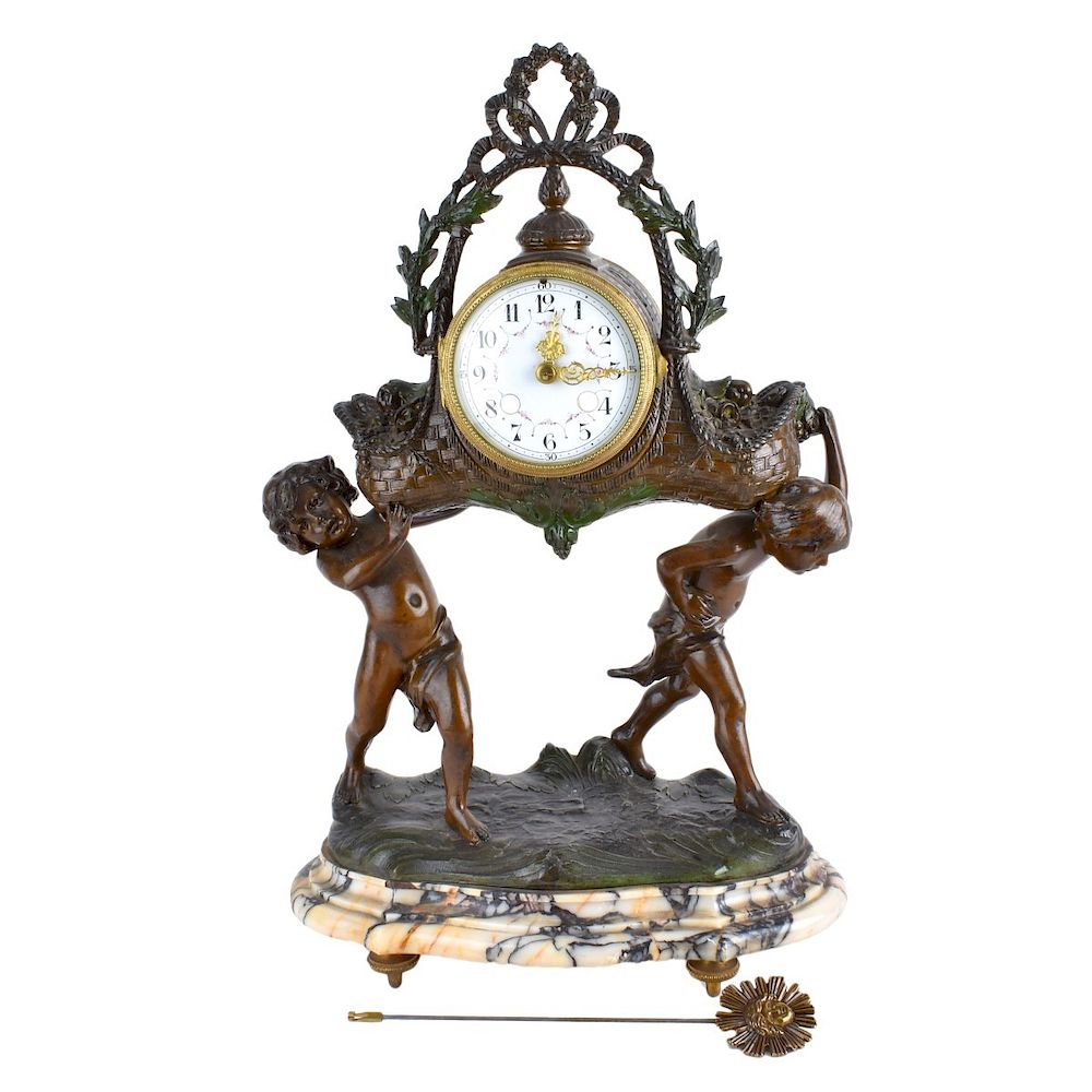 Appraisal: Antique Mantle Clock Antique French Metal Cherub Figural Mantle Clock