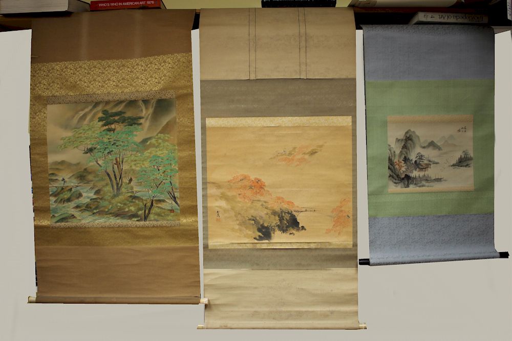 Appraisal: Three Japanese Watercolor Scrolls Depicting landscapes two on silk one