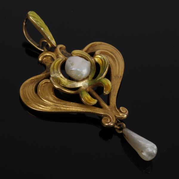 Appraisal: Art Nouveau K Gold Enamel Pearl Lavalier Pendant dwt