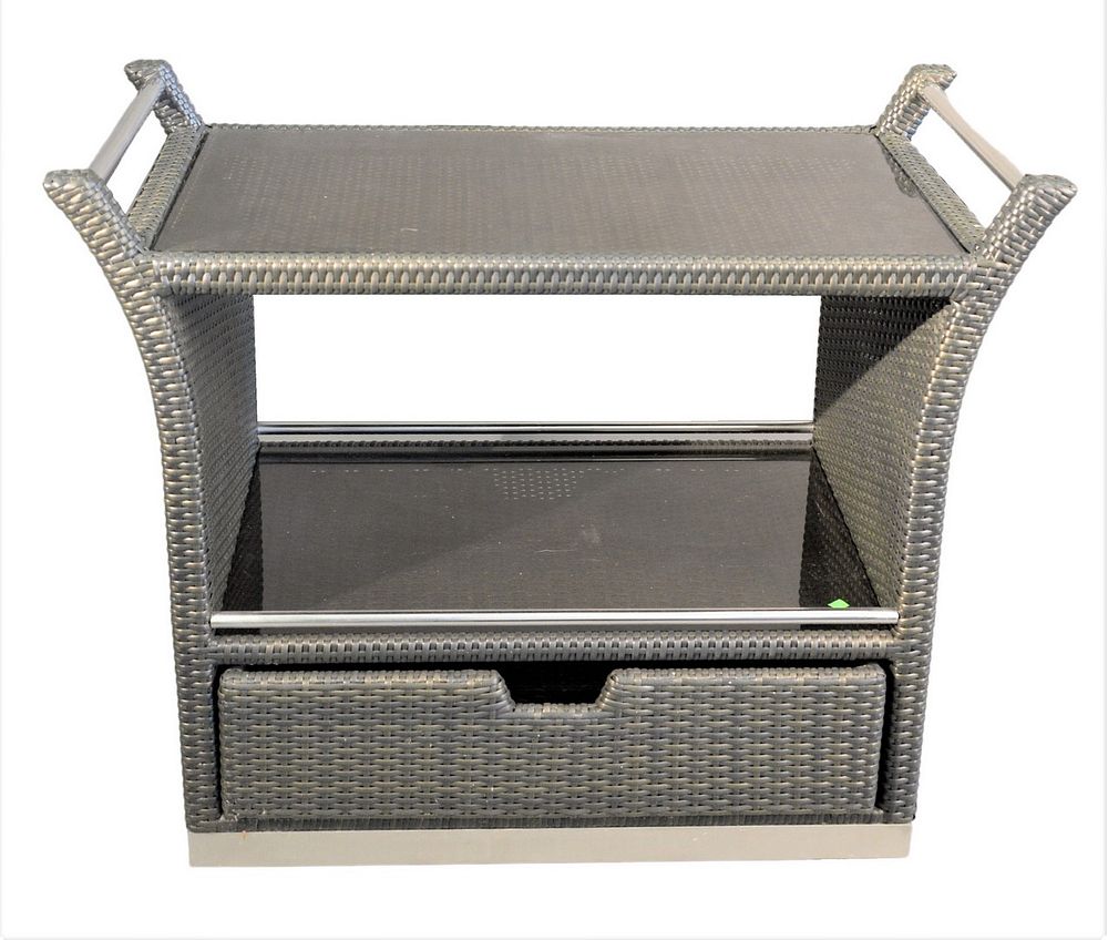 Appraisal: Contemporary Outdoor Serving Cart woven with chrome and glass tops