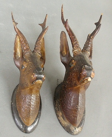 Appraisal: - Pair of Black Forest carved roe deer heads h