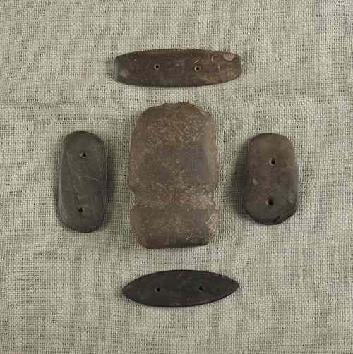 Appraisal: Three slate pendants together with a grooved axe marked Berks