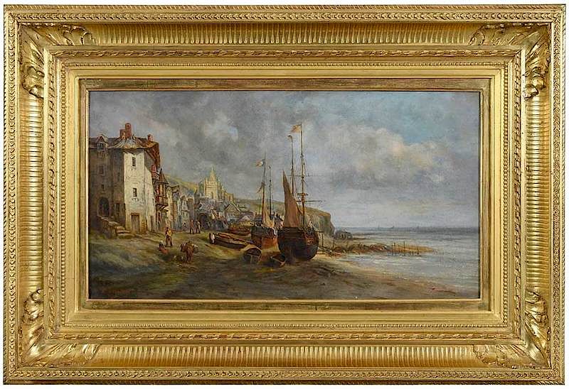 Appraisal: Adolphe Rouargue French born Coastal Village with Beached Boats signed