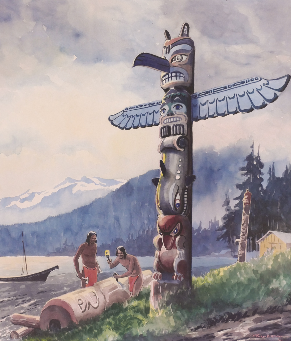 Appraisal: Parker McAllister - Washington ''The Totem Pole Carvers'' Mixed Media