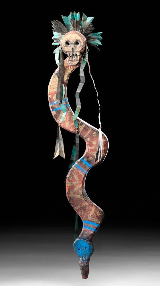 Appraisal: th C Mexican Painted Wood Snake w Skull Headdress Latin