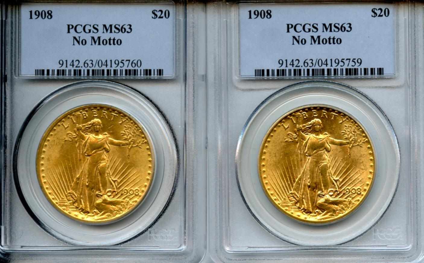 Appraisal: No Motto MS PCGS Both coins display a bright yellow-gold