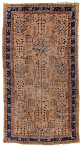 Appraisal: Oushak rug repeating tree leaf and animal designs on beige