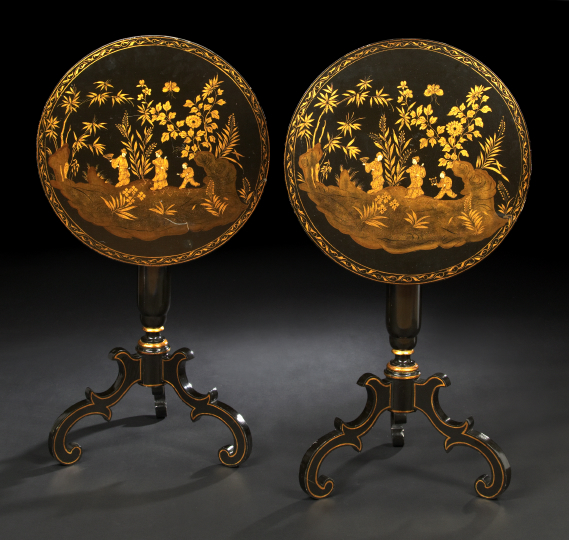 Appraisal: Pair of Victorian-Style Ebonized and Polychromed Tripod Tables each with