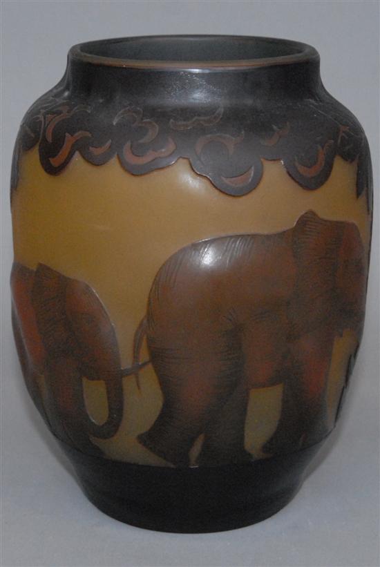 Appraisal: CAMEO GLASS VASE With elephant and palm tree motifs Monogrammed