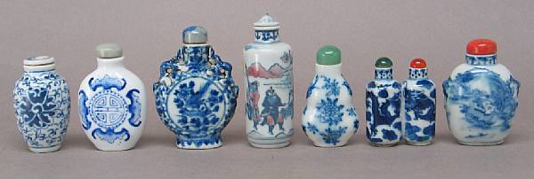 Appraisal: Seven blue and white porcelain snuff bottles Including three with