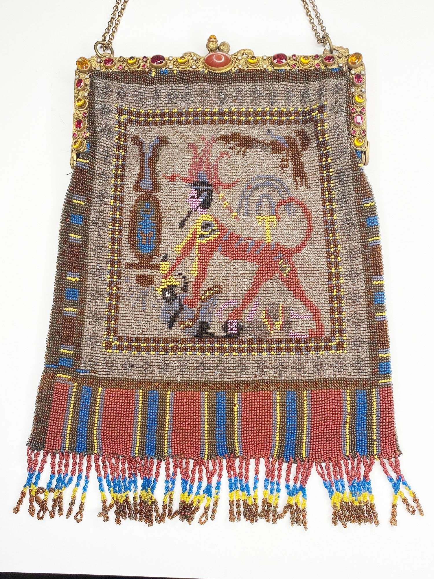 Appraisal: Micro Beaded Egyptian Revival Purse with Jeweled Frame long at