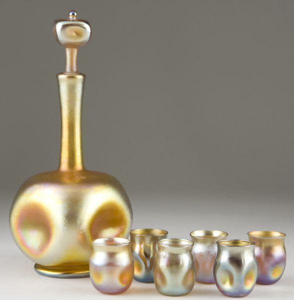 Appraisal: Signed Tiffany Favrile Decanter and Six Cordials gold iridescent glass