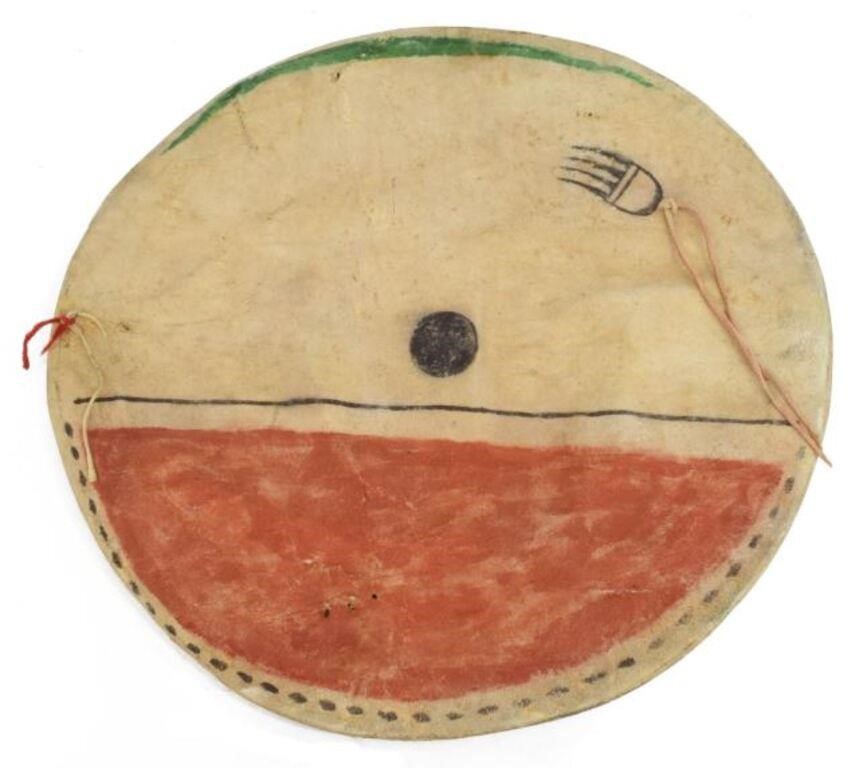 Appraisal: Replica Plains-style painted hide shield cover enclosing a rawhide shield