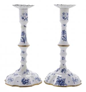 Appraisal: Pair Battersea Enamel Blue and White Candlesticks English th century