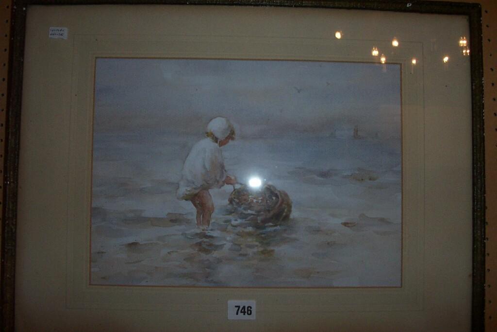 Appraisal: A watercolour of a child at the seashore pulling a