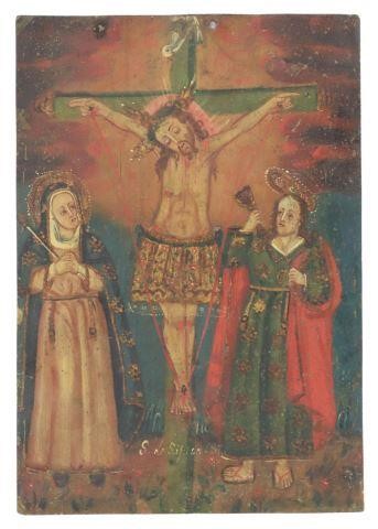 Appraisal: Unframed oil on tin retablo The Crucifixion depicting Jesus on