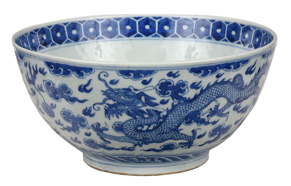 Appraisal: Chinese Blue and White Porcelain Dragon Bowl with underglaze blue