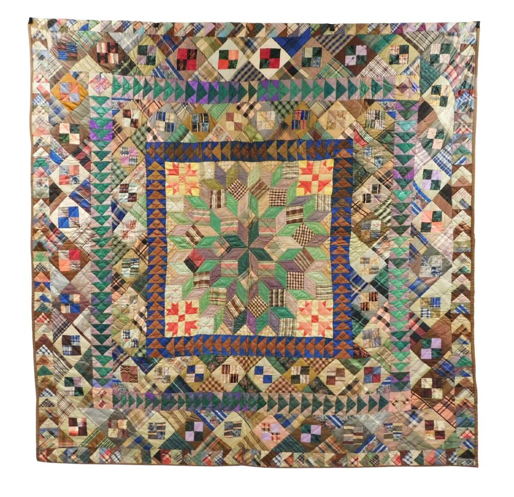 Appraisal: TEXTILE Victorian silk patchwork with center medallion in frame star