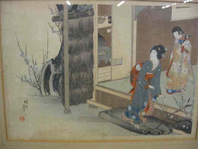 Appraisal: Japanese Woodblock Print scene with figures and kitten '' x