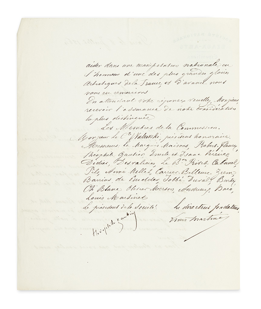 Appraisal: BEAUX-ARTS SOCIETY HONORS FOUNDER WITH EXHIBITION GAUTIER TH OPHILE Letter