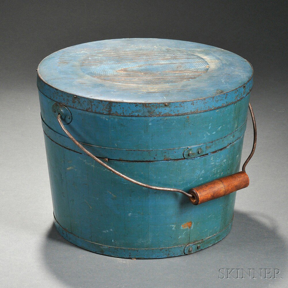 Appraisal: Blue-painted Pine Covered Bucket possibly New England th century the