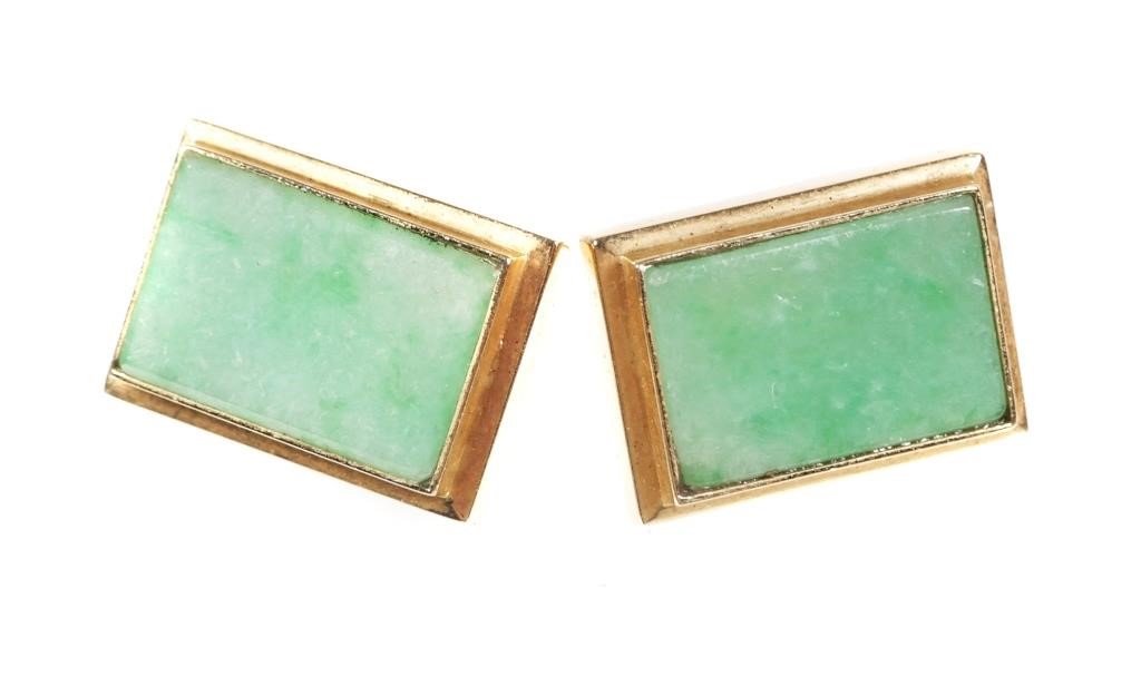 Appraisal: Bold rectangular vintage Chinese jade earrings in k gold frames