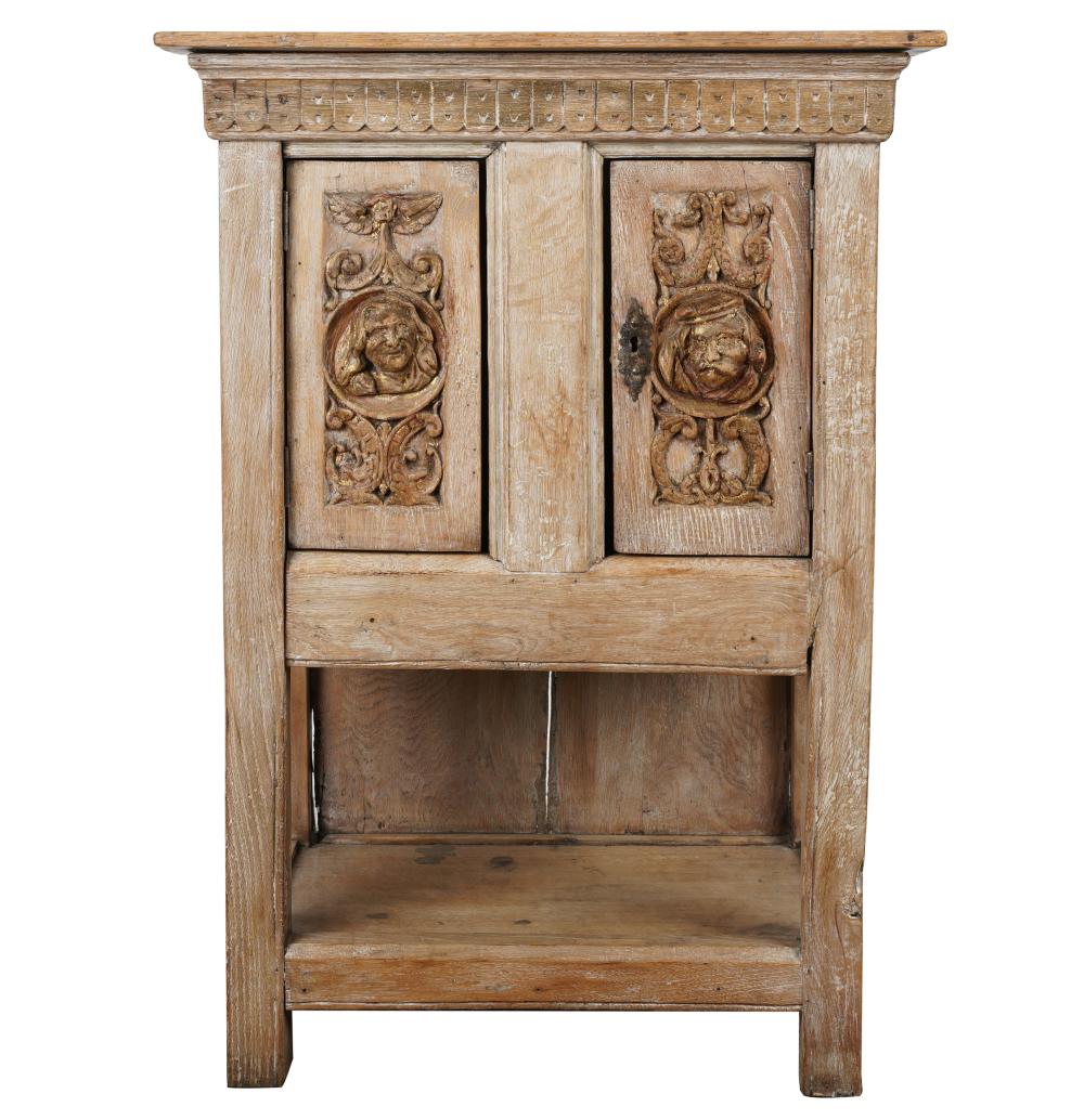 Appraisal: RENAISSANCE-STYLE CARVED BLEACHED OAK SIDE CABINETwith two doors and key