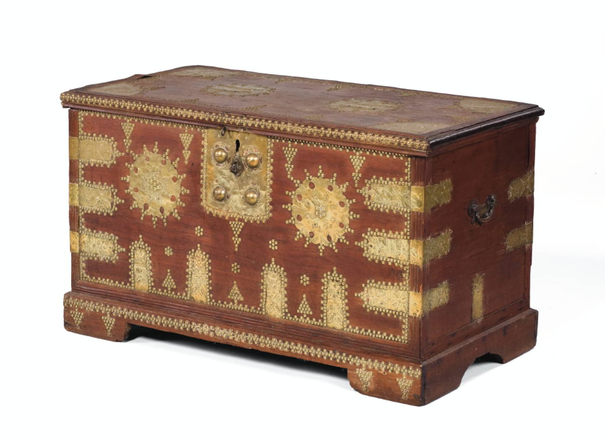 Appraisal: NORTH AFRICAN HARDWOOD BRASS-BOUND AND DECORATED BRIDE'S CHEST Height inches