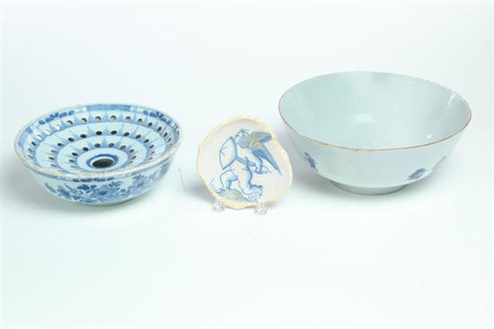 Appraisal: THREE PIECES OF DELFT Netherlands th century tin glazed earthenware