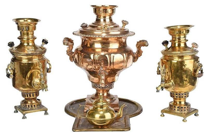 Appraisal: Three Brass Samovars with Tray and Teapot Russian Continental th