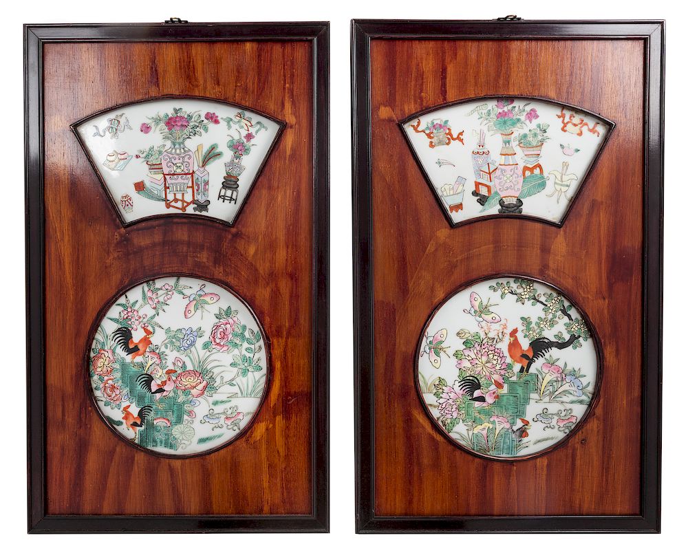 Appraisal: A Pair of Chinese Famille Rose Porcelain Insets Hardwood Wall