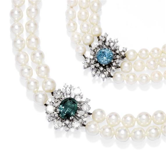 Appraisal: PEARL AND GEMSTONE NECKLACE AND BRACELET Clasps in white gold