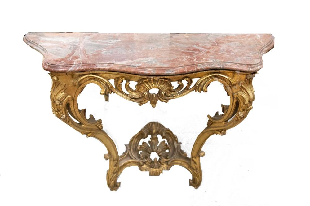 Appraisal: LOUIS XV STYLE GILT DECORATED MARBLE TOP CONSOLECondition with gilt