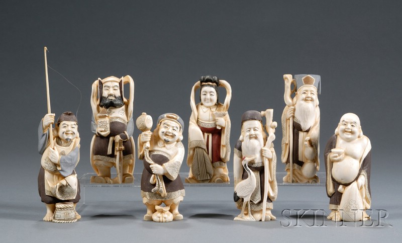 Appraisal: Lot of Ivory Carvings Japan seven Gods of Luck stained