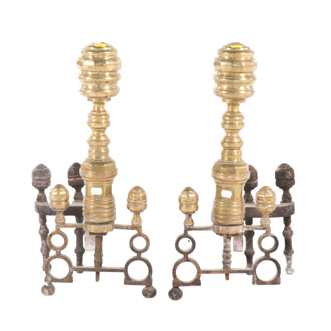 Appraisal: Pair of brass and wrought iron andirons in H Condition