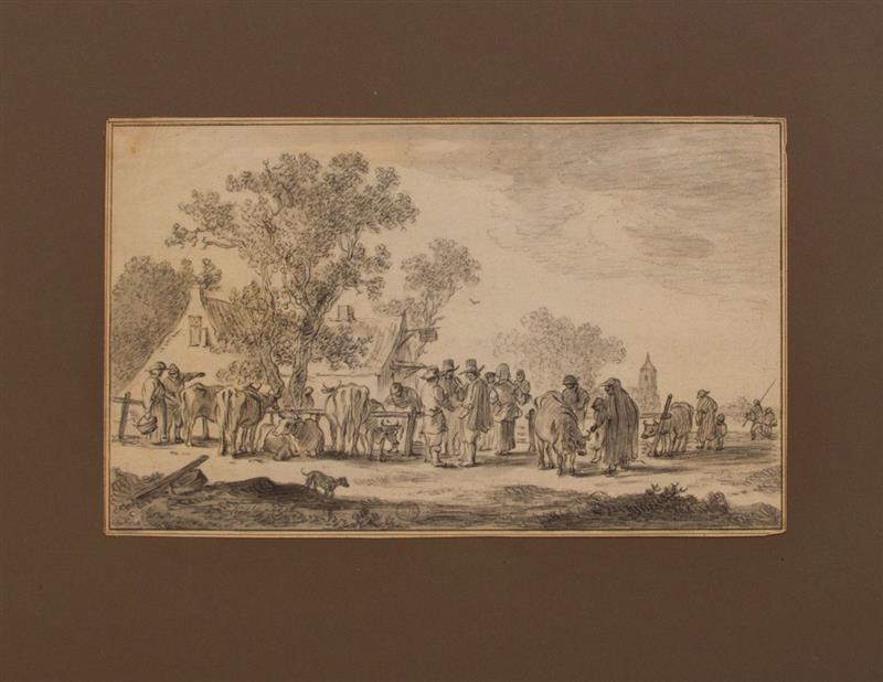 Appraisal: Northern European School The Cattle Market Black chalk and wash