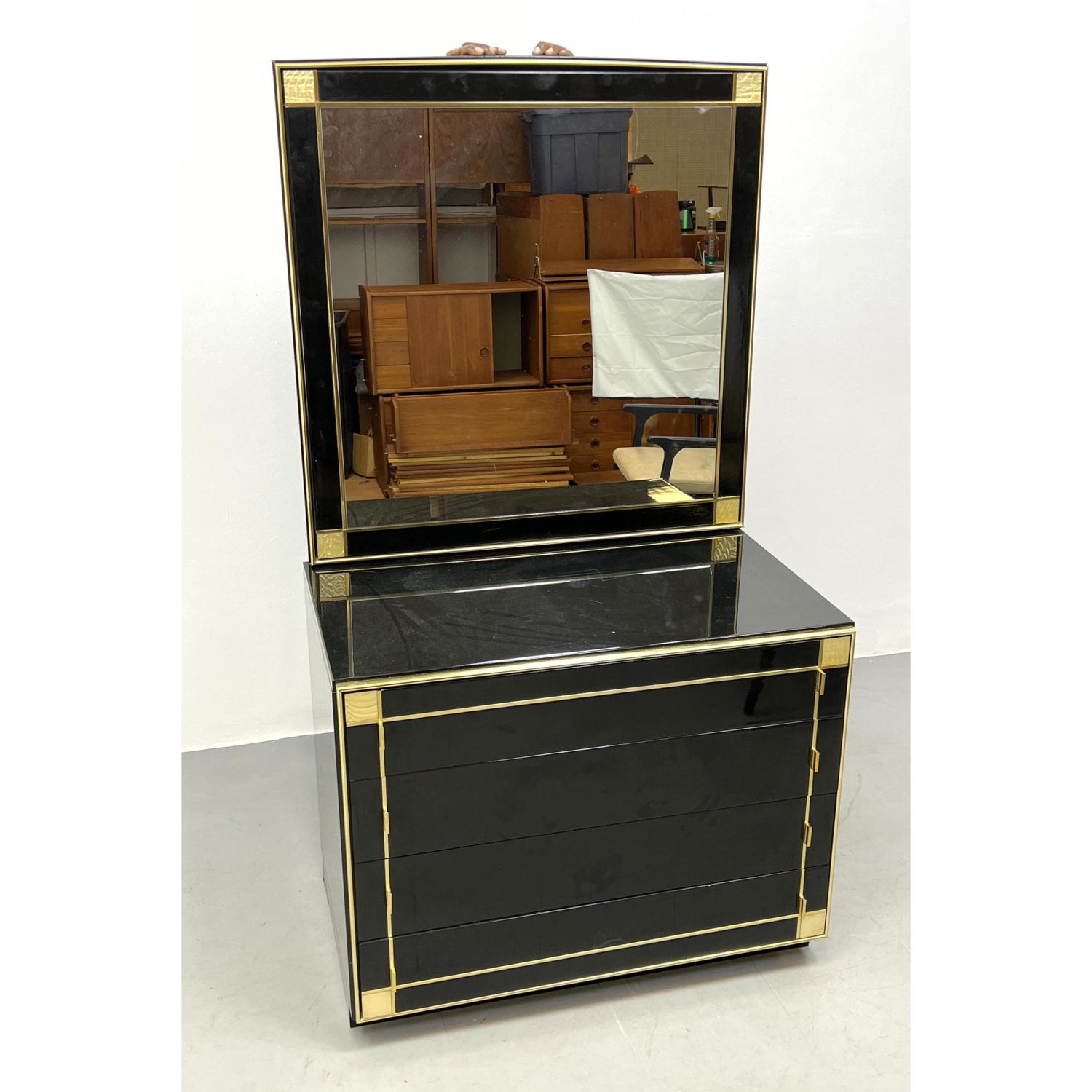 Appraisal: Decorator Brass and Black Lacquer Dresser and Mirror Chest Dimensions