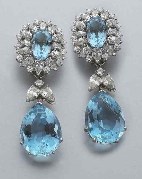 Appraisal: Platinum diamond and aquamarine drop earringsfeaturing a pair of oval