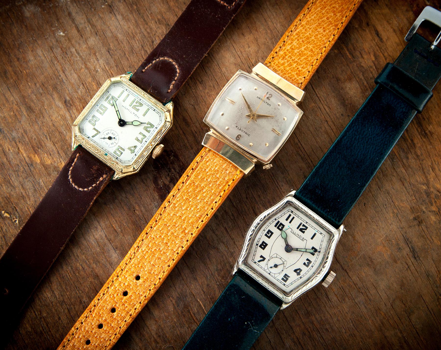 Appraisal: THREE VINTAGE WRISTWATCHES American th century Hamilton KYGF Square Cut