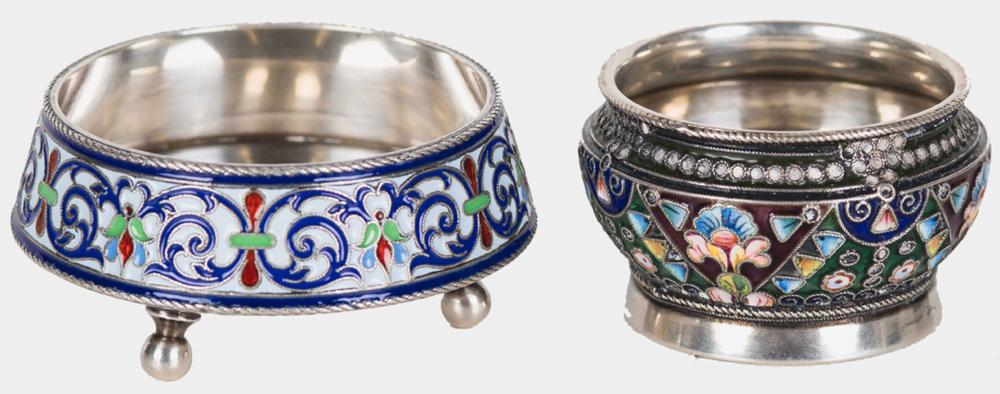 Appraisal: TWO RUSSIAN SILVER ENAMEL SALT CELLARSOne silver the other silver