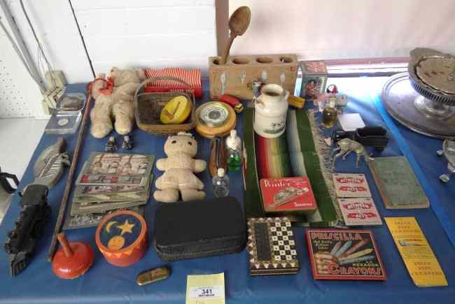 Appraisal: Misc table lot including early stereocards tins small basket cast