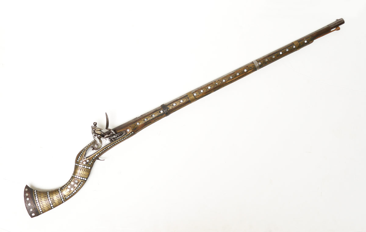 Appraisal: BRASS MOTHER OF PEARL INLAID JEZAIL RIFLE th century Persian