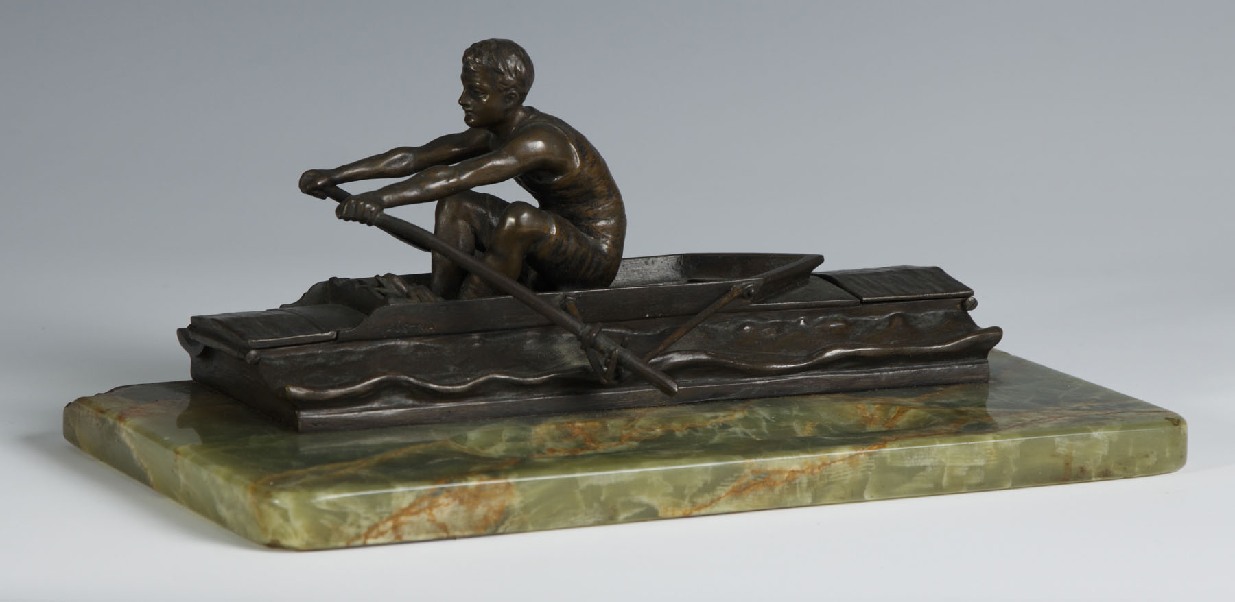 Appraisal: Andor Ruff Hungarian Bronze Rower Onyx Desk Stand w Inkwells