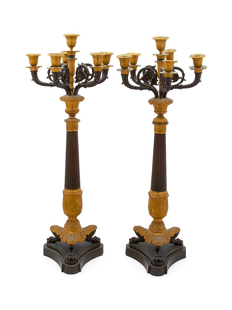 Appraisal: A Pair of Empire Gilt and Patinated Bronze Six-Light Candelabra