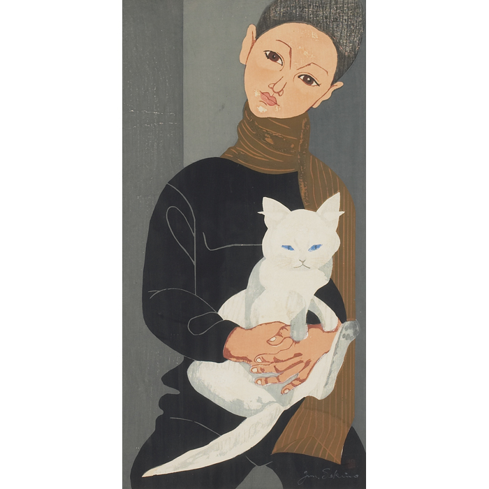 Appraisal: Junichiro Sekino Japanese - ''Woman with Cat '' c woodcut