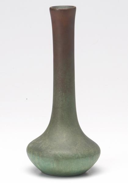 Appraisal: CLEWELL Bottle-shaped vase with verdigris patina Lines to jacket Incised