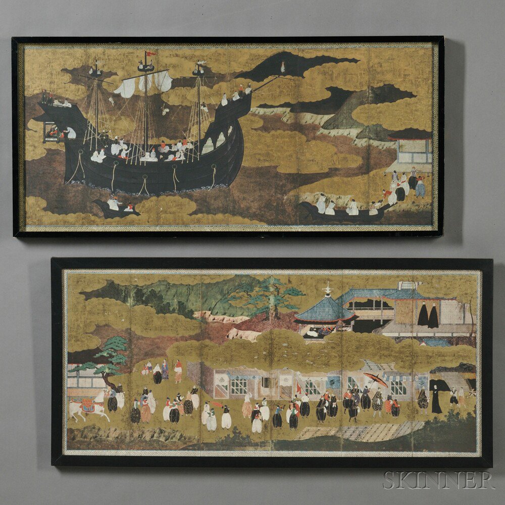 Appraisal: Two Small Six-panel Screens Japan depicting early Portuguese people at