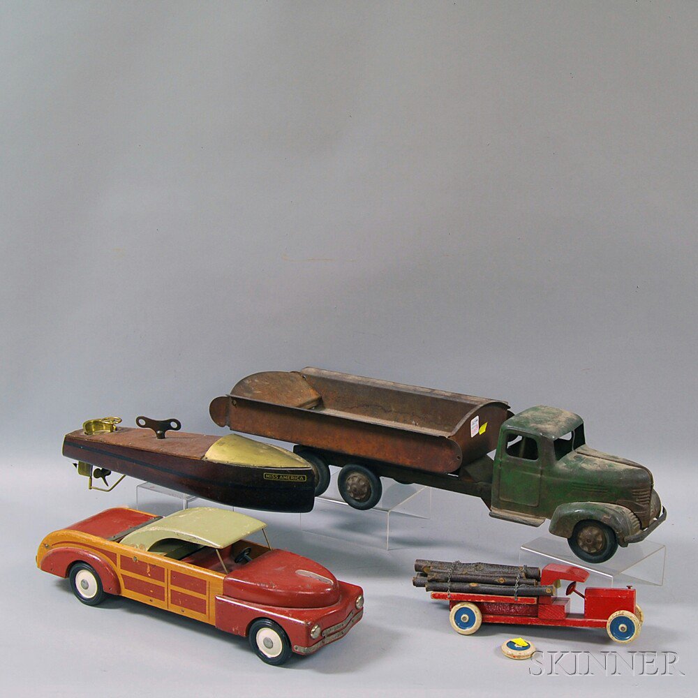 Appraisal: Four Painted Wood and Pressed Metal Toys mid- th century