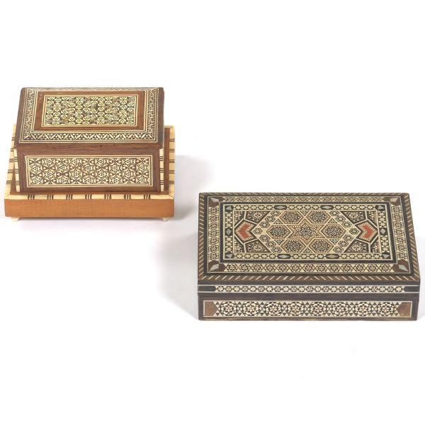 Appraisal: MOORISH STYLE MICRO MOSAIC WOOD INLAID HUMIDOR AND MUSICAL CIGARETTE